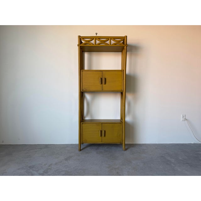 Mid-Century Modern Vintage Mustard Yellow Bent Rattan Bookcase Cabinet For Sale - Image 3 of 12