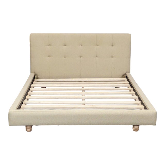 Crate & Barrel Tate Beige Upholstered Bed Frame With Tufted Headboard For Sale