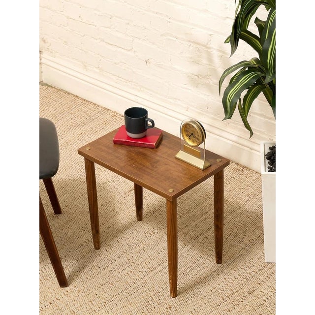 Brass Vintage Mid-Century Modern Wood Side Table With Brass Corner Accents For Sale - Image 8 of 8