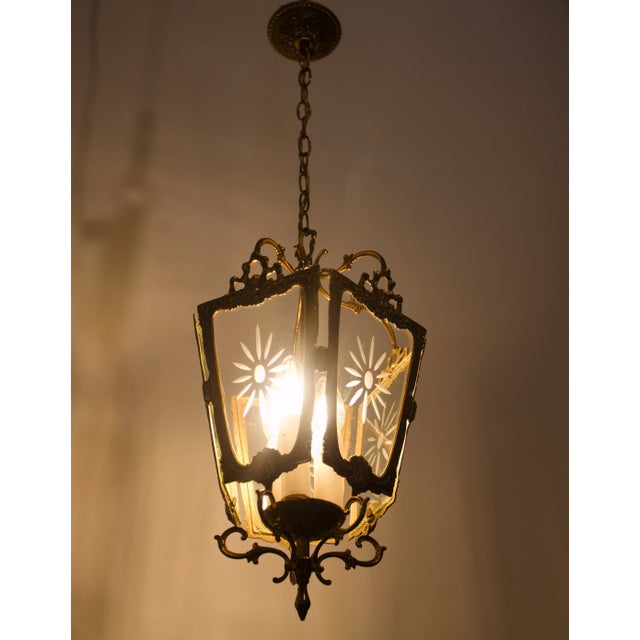 Brass Hanging Lantern with Three Lights and Cut Glass For Sale - Image 6 of 10