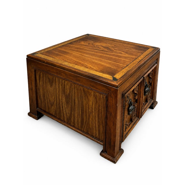 1970s Vintage Mediterranean Revival Carved Wood Cabinet End Table For Sale - Image 5 of 8