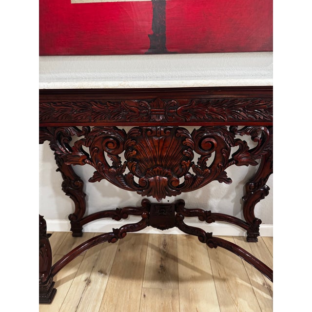 1990s Victorian Hand Carved Wood and Limestone Console Table For Sale - Image 12 of 12