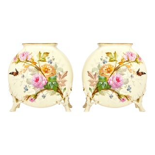 Exquisite Pair Antique Hand Painted Porcelain Decorative Vases For Sale