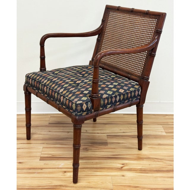 Vintage Faux Bamboo Cane Back Upholstered Seat Arm Chair For Sale - Image 4 of 9