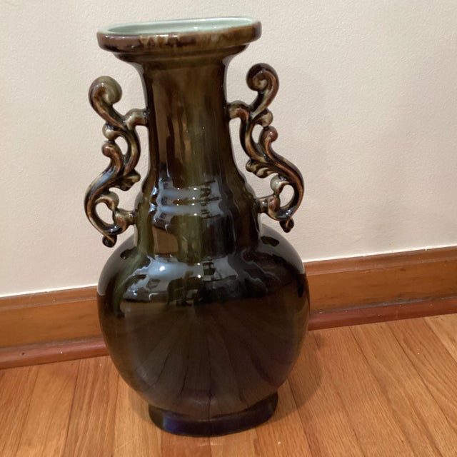 Mid Century Baluster Porcelain Ceramic Glazed Crackle Deep Green Vase With Molded Handles Oriented Style