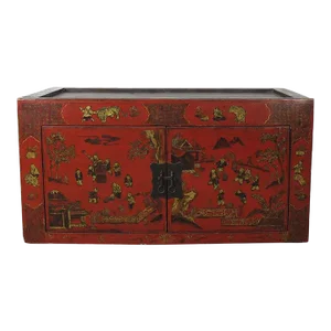 Hand Painted Red Vintage Chinese Chinoiserie-Style Cabinet