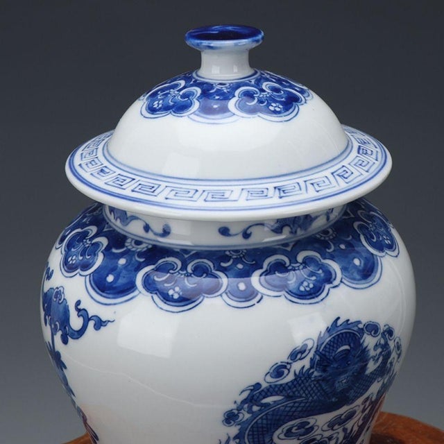 Blue Chinese Blue and White Porcelain Dragon & Phoenix Lidded Ginger Jars Chinoiserie Decor For Sale - Image 8 of 8