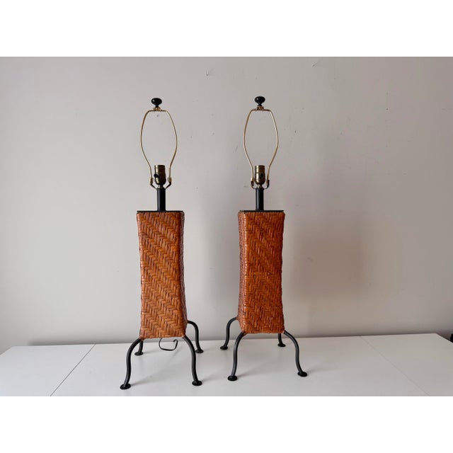 Paul Mayen 1970s Rattan and Iron Table Lamps in the Style of Paul Mayen: A Pair For Sale - Image 4 of 7