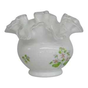 Fenton Silver Crest Hand Painted White Milk Glass Ruffled Rim Vase