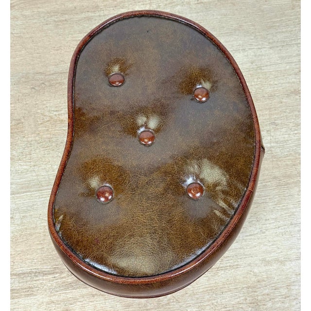 Plastic Mid-Century Button Tuft Brown Vinyl Kidney Footstool Ottoman For Sale - Image 7 of 10