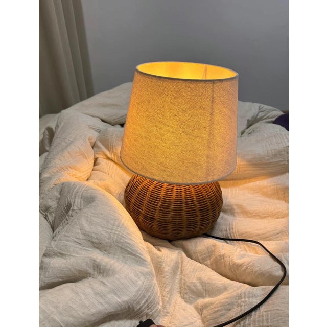 Art Deco Light Beige Linen & Spherical Rattan Lamp For Sale - Image 3 of 7