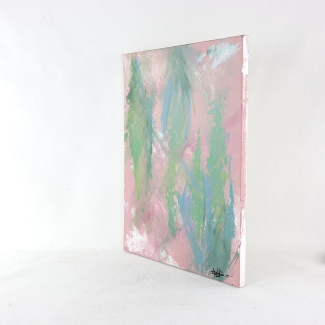 This original modern art piece features a vibrant, multi-layered composition that suggests a lush, abstract garden through...
