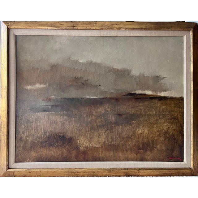 "Marsh Lands" Oil on Canvas Landscape-Custom Gilt Frame-Signed, 1980 For Sale - Image 4 of 4
