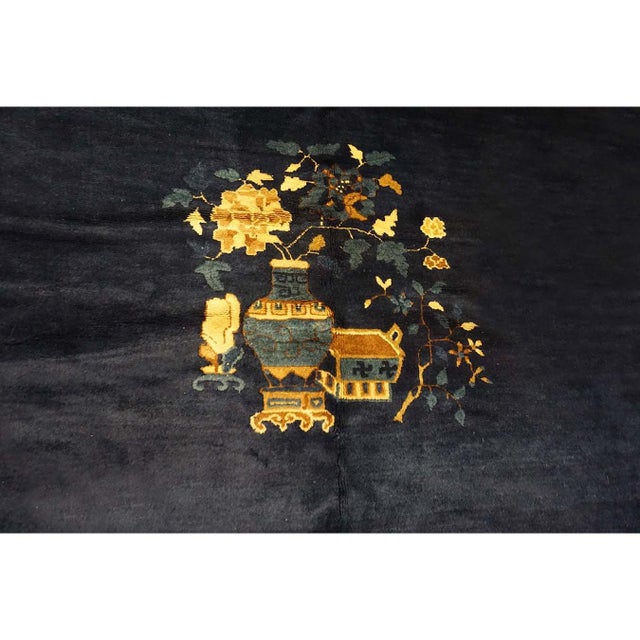 Navy Blue 1920s Antique Navy Blue Vase Floral Deco Antique Chinese Peking Knotted Rug For Sale - Image 8 of 9
