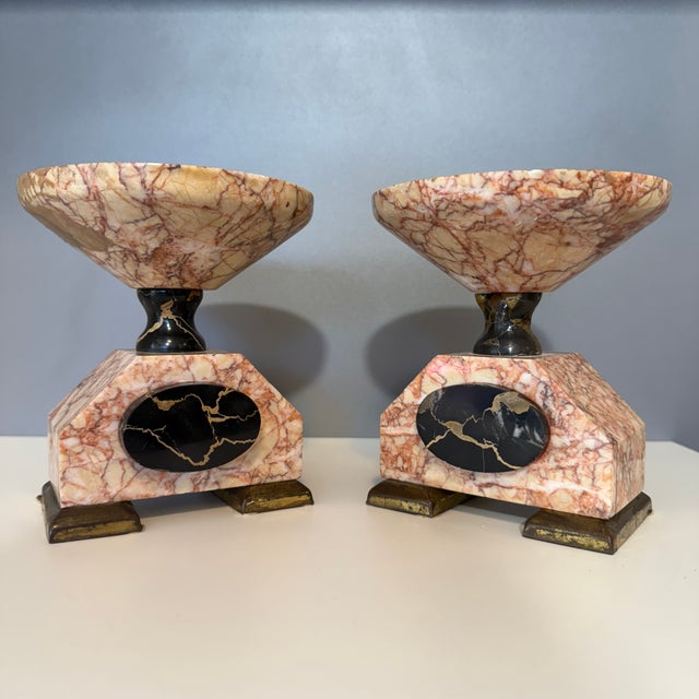 1930s Large Art Deco Table Clock in Pink Marble, 1930s, Set of 3 For Sale - Image 5 of 12