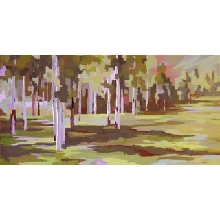 Halcyon Hues by Hadley Rampton | Oil Painting of trees in a colorful landscape For Sale