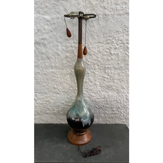 Mid-Century Modern 1950s Huge Drip Glaze Pottery Ceramic Lamp Mid Century Modern 37” Blue Green Black For Sale - Image 3 of 10