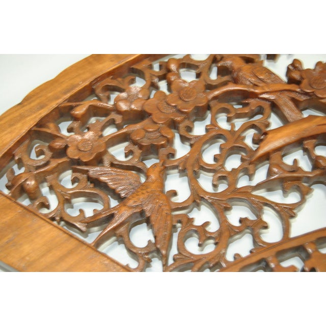 Wood Japanese Rosewood Scuptured Wall Fan With Cherry Blossom Birds and Bamboo Trees For Sale - Image 7 of 9