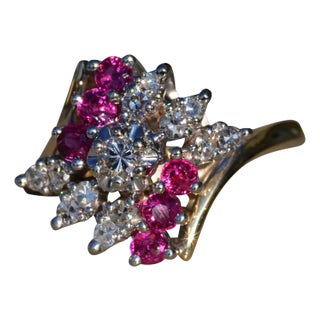 The Calville: Ladies 14K Two Tone Ruby and Diamond Cluster Bypass Ring For Sale