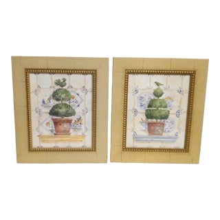 Framed Whimsical Topiary Tree Wall Art Prints by Artist Kathryn White- a Pair For Sale