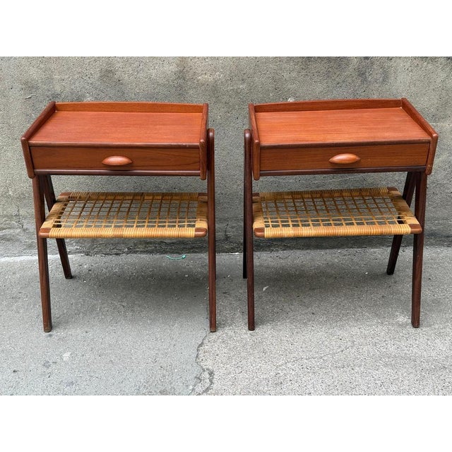 Vintage Danish Teak Nightstands with Rattan Shelves by Søren Rasmussen, 1965, Set of 2 For Sale - Image 4 of 7