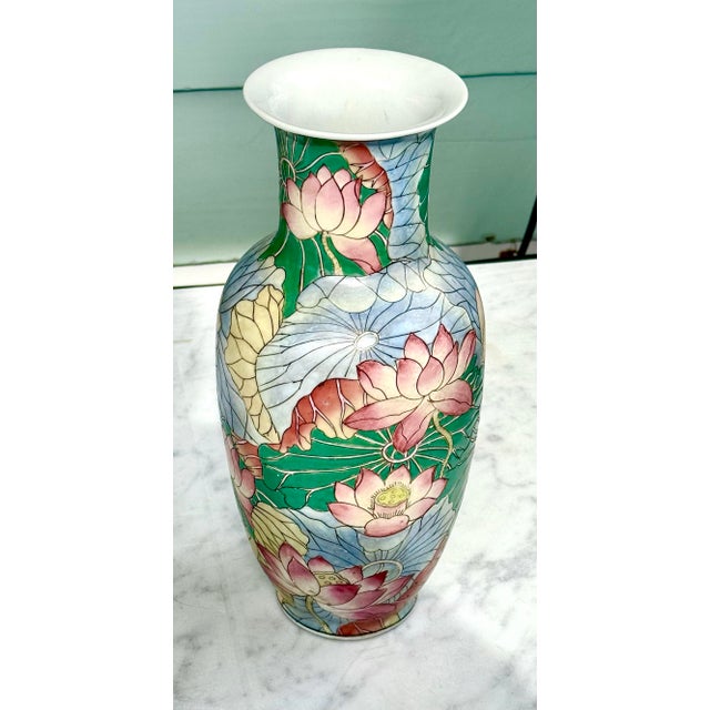 Chinoiserie Chinese Water Lily Motif Vase - 14 Inches Tall For Sale - Image 3 of 5