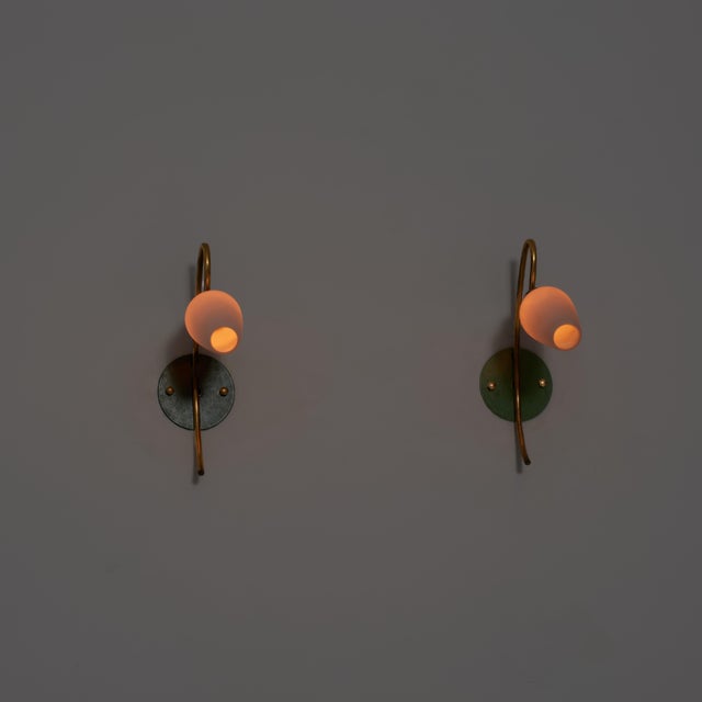 Italian Brass and Green Lacquered and Opaline Glass Wall Sconces, 1950s, Set of 2 For Sale - Image 9 of 16
