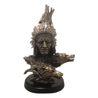 Indian Chief Statue in Brass & Wood, 1970s For Sale