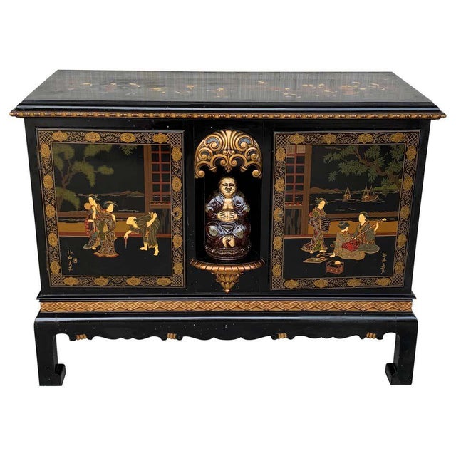 20th Black Lacquer and Hand Painted Open Altar Table or Sideboard For Sale - Image 13 of 13