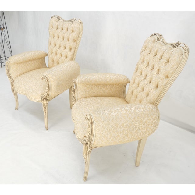 Pair Rococò Louis XVI Style Tufted Pierce Carved Backs Off White Fireside Chairs For Sale - Image 10 of 12