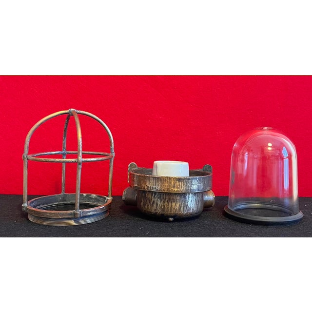 Metal Vintage Industrial Brass Lamp with Cage and Glass Diffuser, 1950s For Sale - Image 7 of 15