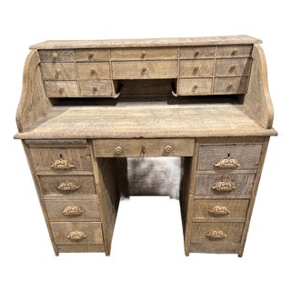 Antique French Oak Pedestal Desk With Apothecary Hutch For Sale