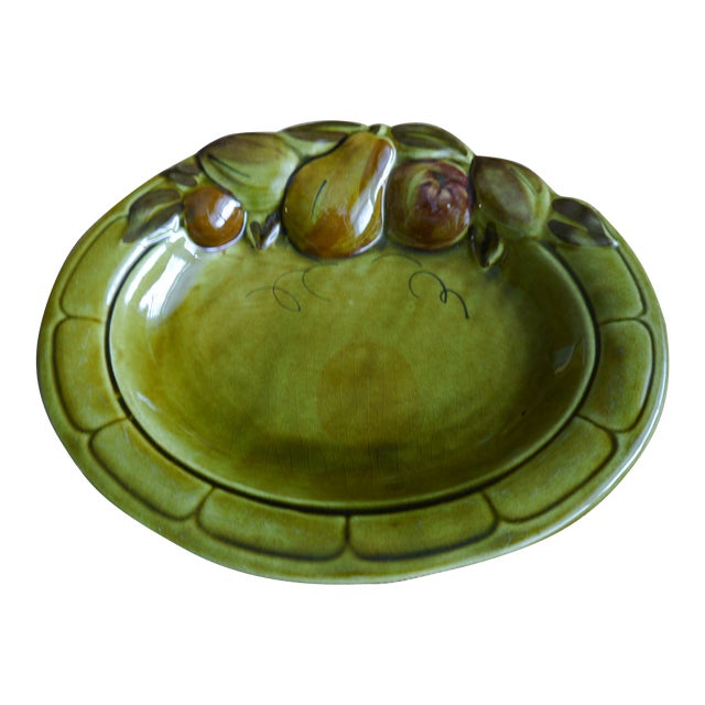Vintage Los Angeles Potteries Serving Bowl With 3D Pears Olive Green Crazing For Sale