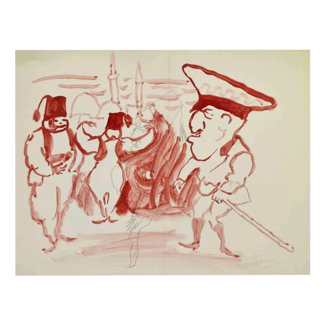 Mino Maccari, The General, Watercolor, Mid-20th Century For Sale