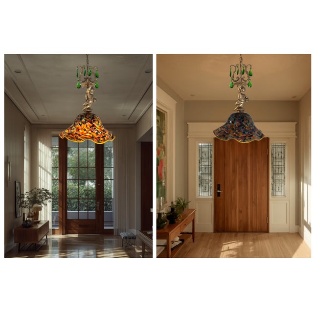Signed Confetti Art Glass Shade Cherub Pendant Light For Sale - Image 14 of 17