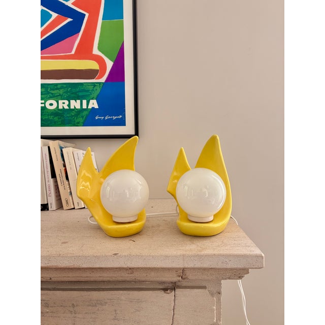 Pair of bright yellow ceramic bedside lamps. In excellent condition - no chips or cracks. 1980s. Rewired. Dimensions: H25...