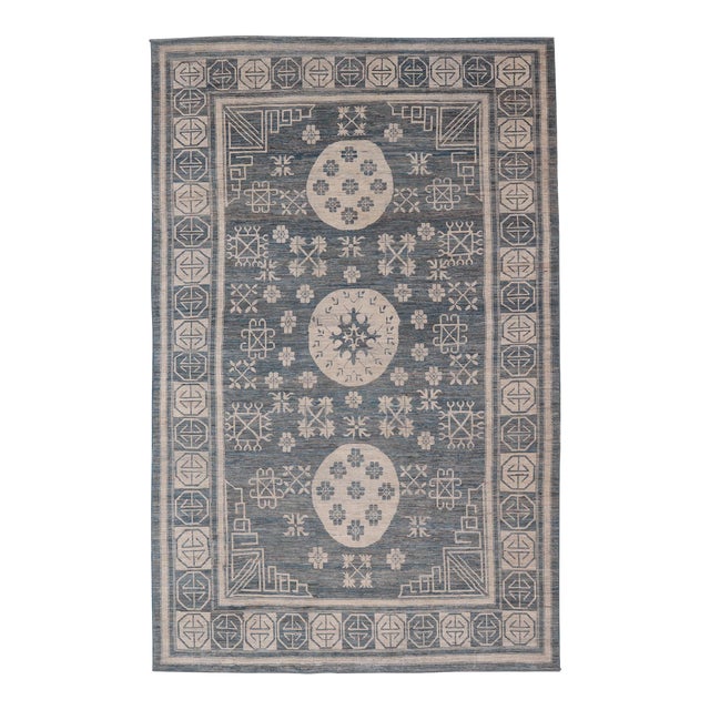 Modern Khotan Rug With Circular Medallions in Shades of Steel Blue & Off White 10'6 X 16'3 For Sale