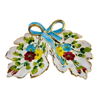 Vintage Italian Majolica Style Floral Double Leaf Serving Dish With Blue Bow and Gold Gilt For Sale