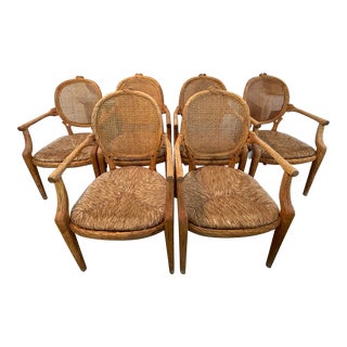 1980s Vintage Natural Carved Wood Faux Bois Dining Arm Chairs Cane Back - Set of 6 For Sale