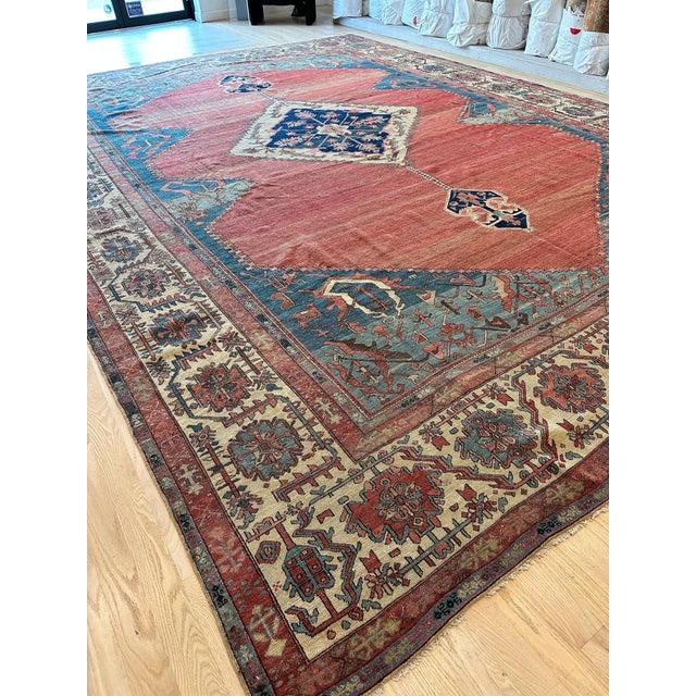 Antique Persian Serapi Carpet, Handmade Wool Oriental Rug, Ivory Rust Light Blue For Sale - Image 18 of 18