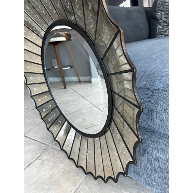Glass Uttermost Round Sunburst Venetian Style Etched Glass Wall Mirror For Sale - Image 7 of 17