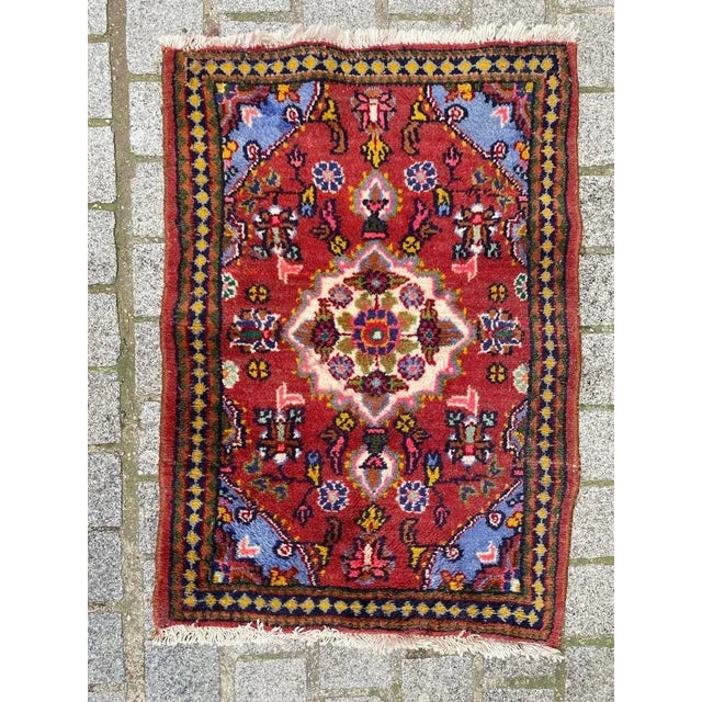 Beautiful little mid century Hamadan rug with beautiful geometrical design with nice colors in a red field with light...