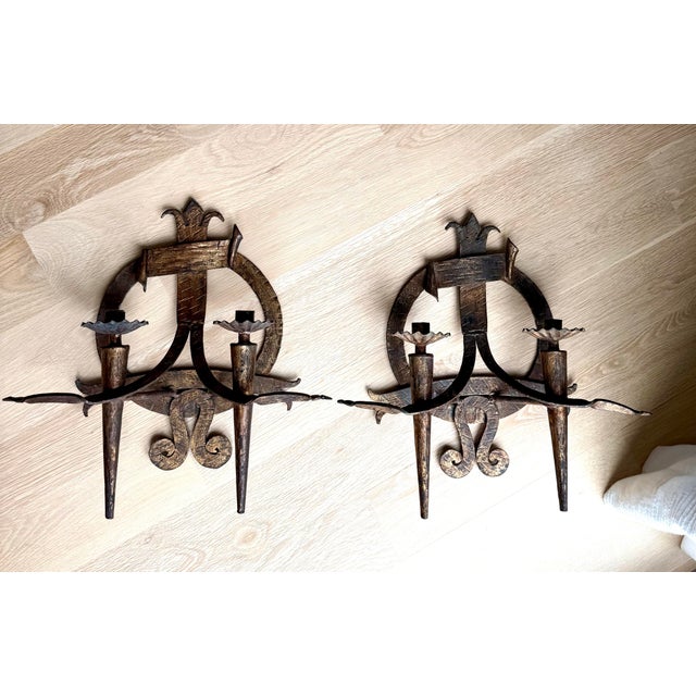 Monumental Pair of Antique New Orleans Hand-Forged Gilt Iron Spanish Revival Candle Sconces For Sale - Image 9 of 10