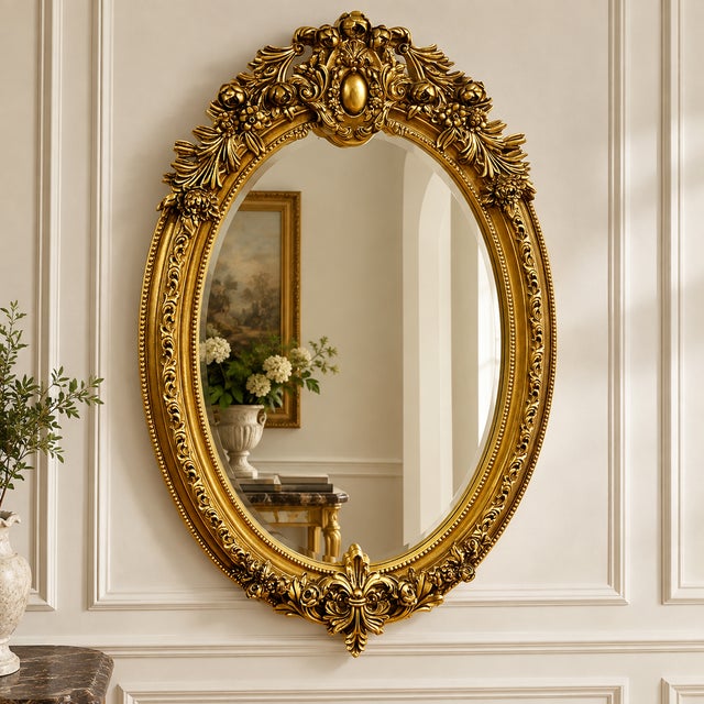 Elegant French-style oval wall mirror featuring a richly hand-carved frame with intricate ornamental detailing and a...