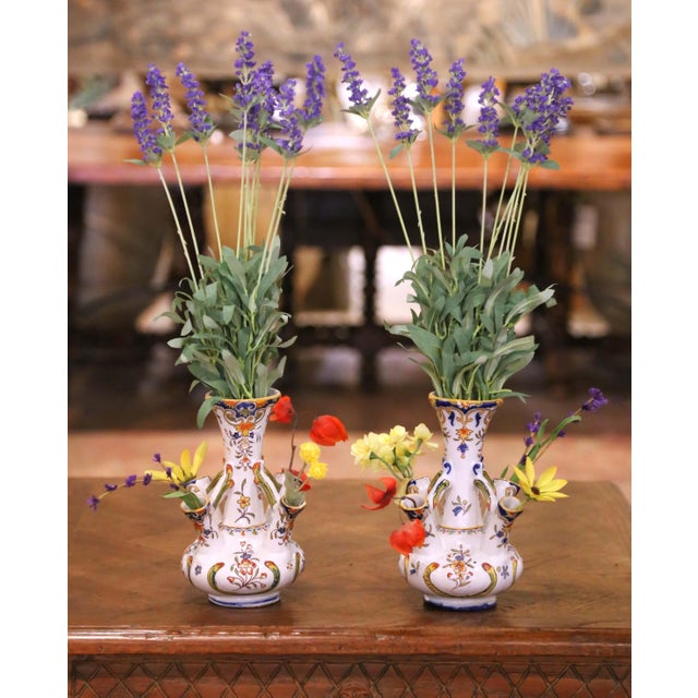 French Pair of 19th Century French Rouen Faience Tulipière Vases For Sale - Image 3 of 11