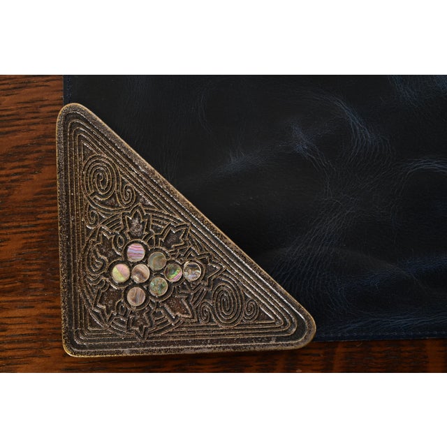 Metal Tiffany Studios New York Silvered Bronze and Abalone Blotter Corners With Leather Desk Blotter For Sale - Image 7 of 13