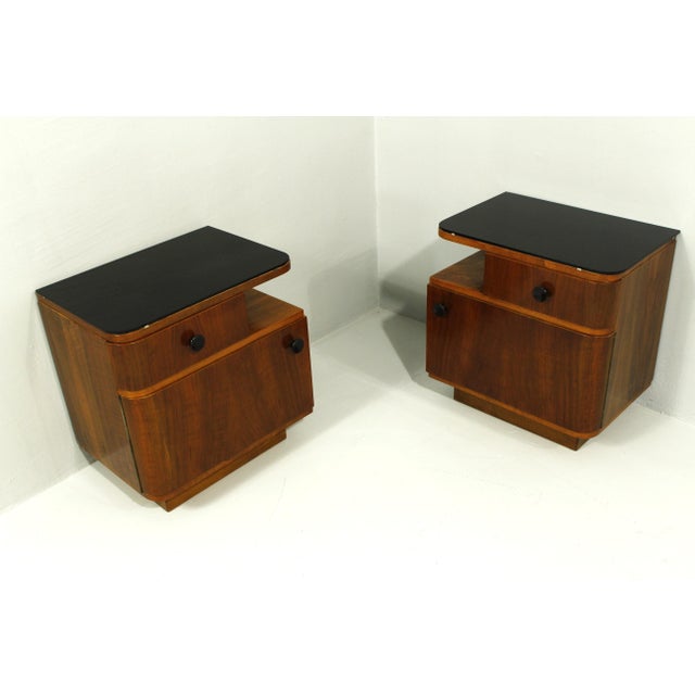 Mid-Century Nightstands with Walnut Veneer and Black Opal Glass Tops, 1960s, Set of 2 For Sale - Image 6 of 17