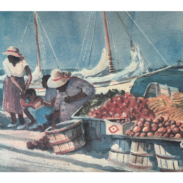 1990s Vintage David W. Clough Signed Original Lithograph “Sunny Caribbee Market” For Sale - Image 5 of 9