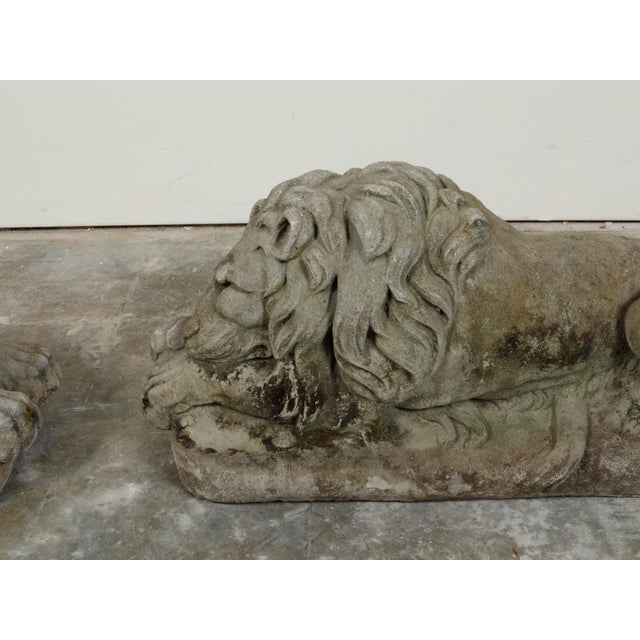 Pair of English 1920s Cast Stone Reclining Lion Sculptures on Conforming Bases For Sale - Image 9 of 10