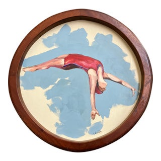 Contemporary Original Stephen Heigh “Diver” Painting Vintage Wood Frame For Sale